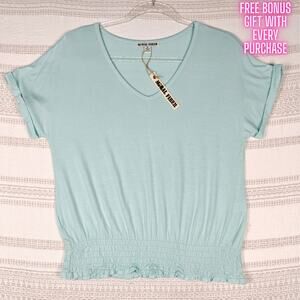 Moral Fiber Teal Smocked Hem Short Sleeve V-Neck Top Size XL NWT